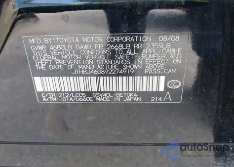 2009 Lexus Es 350 z USA, uszkodzony, nr VIN JTHBJ46G892274919